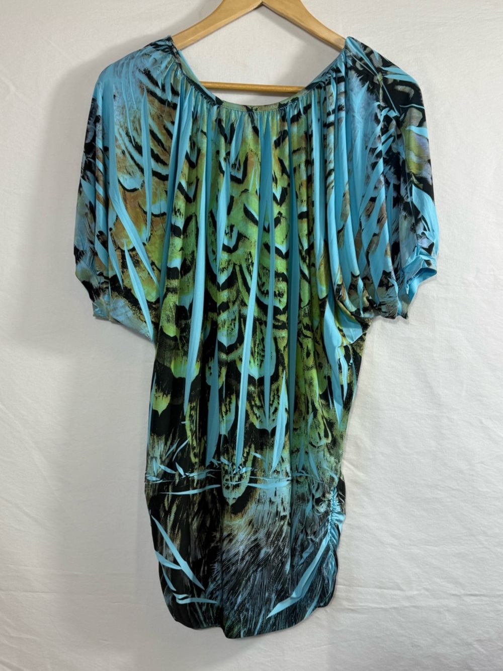 Blue & Green Printed Mini Dress - Relaxed Short Sleeve